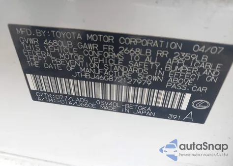 2007 Lexus Es 350 from USA, damaged, VIN JTHBJ46G872127979